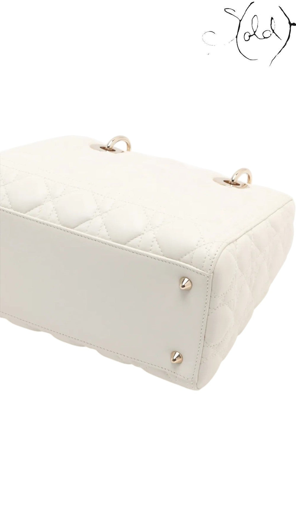 Sold Attire white lambskin Lady Dior medium bag with rose gold hardware and cannage quilting.