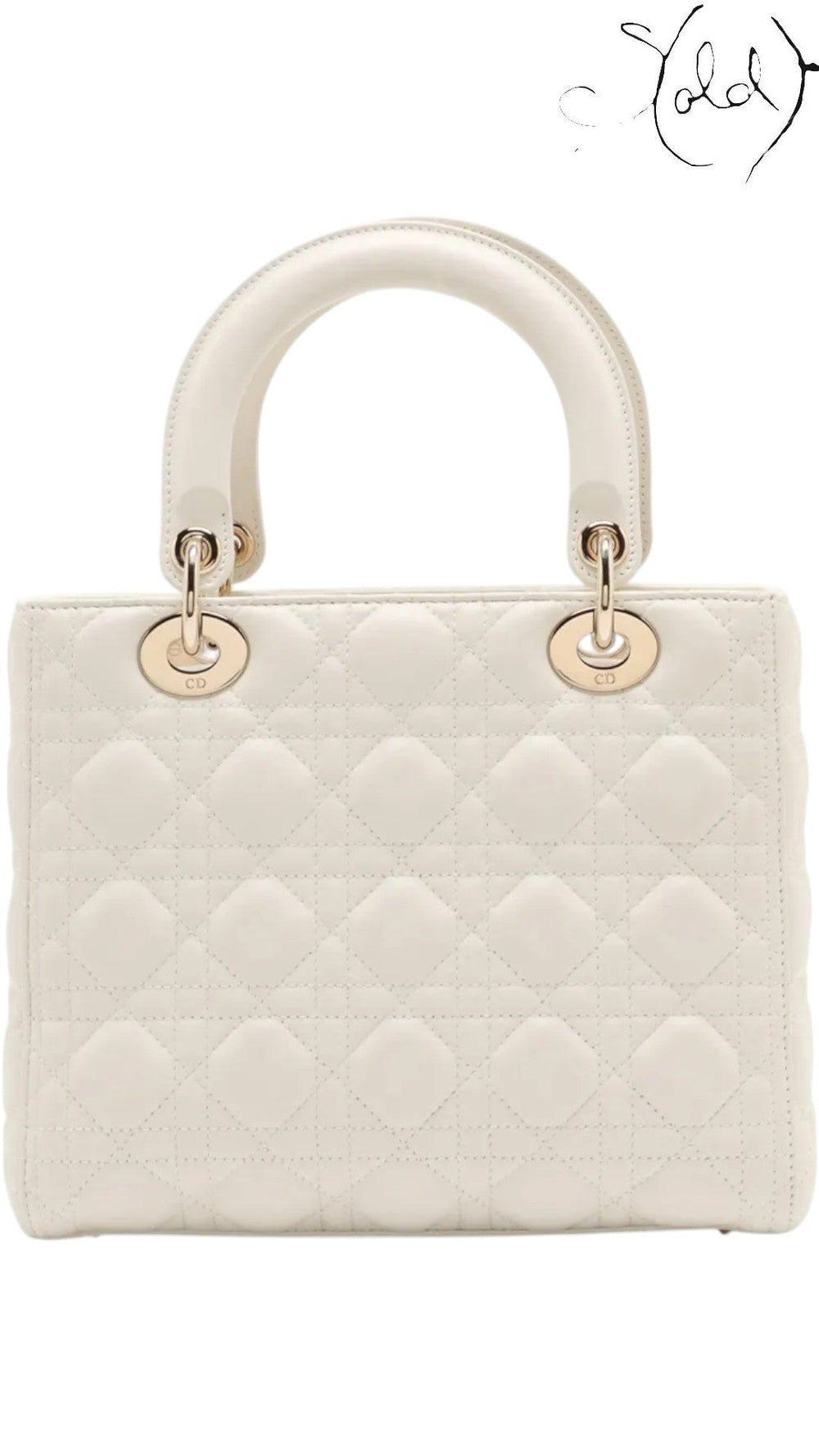 Sold Attire medium white lambskin Lady Dior bag with rose gold hardware and cannage quilting.