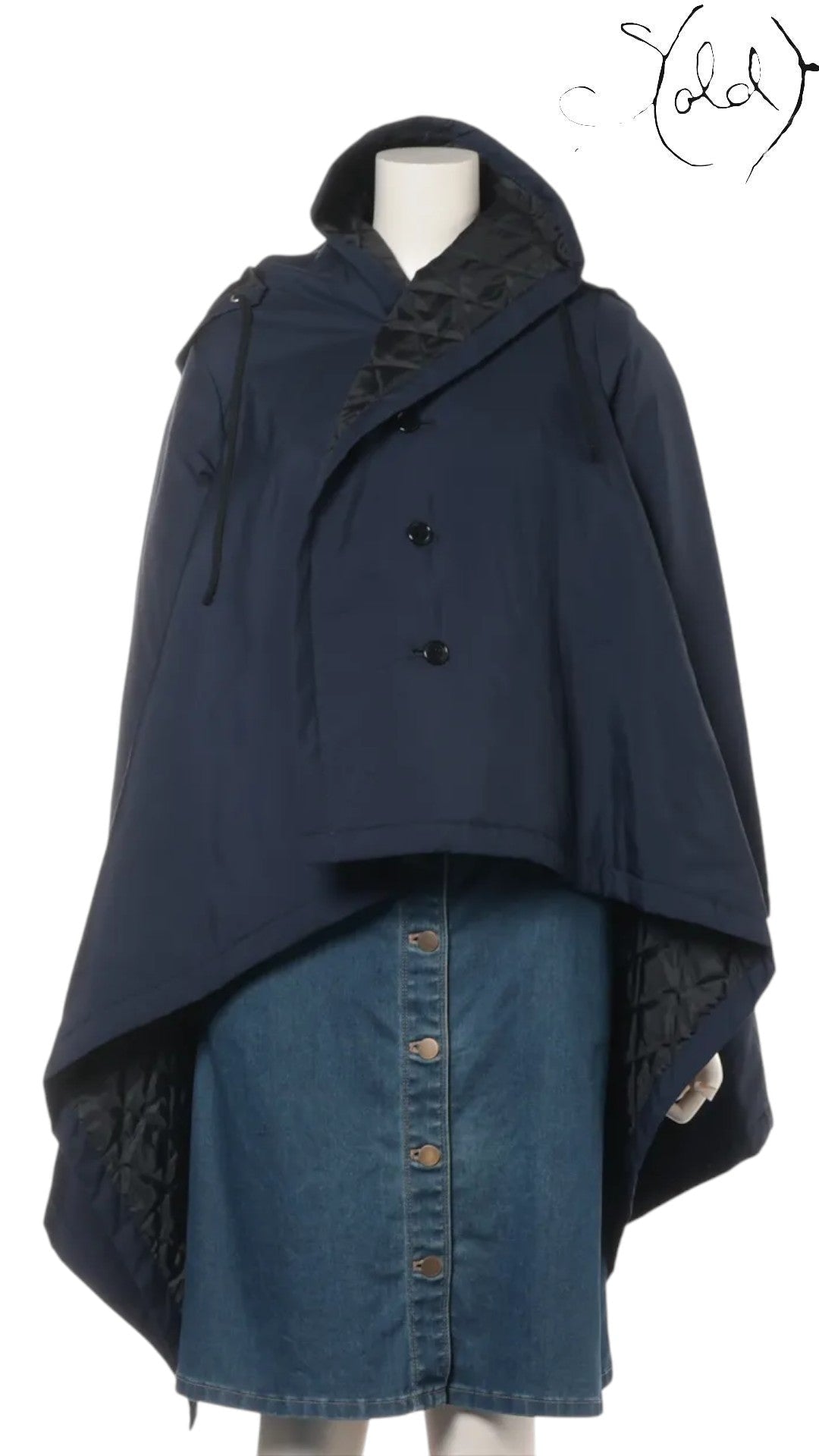 Sold Attire navy polyester padded cape coat with hood and quilted lining. Features two black buttons and drawstring details.