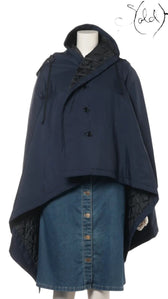 Sold Attire navy polyester padded cape coat with hood and quilted lining. Features two black buttons and drawstring details.