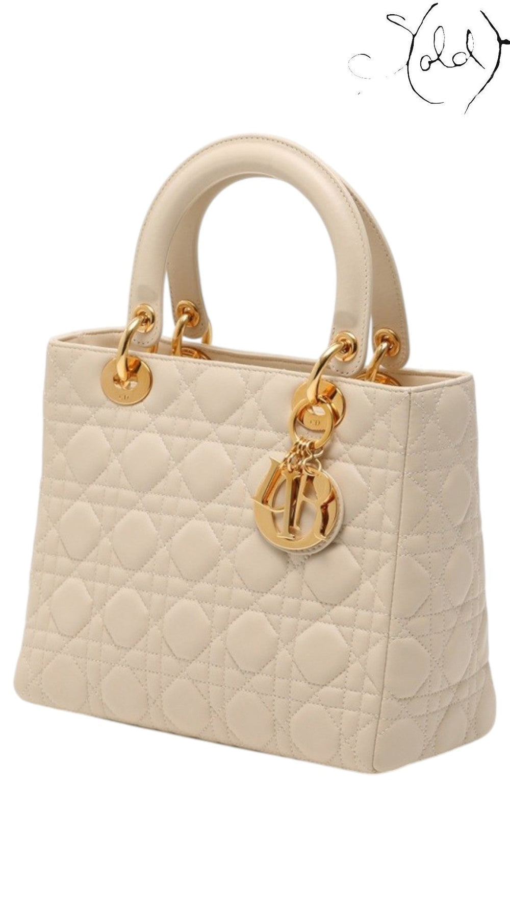 Sold Attire ivory Dior Lady Dior handbag in Cannage quilted leather with gold-tone hardware and signature charms.