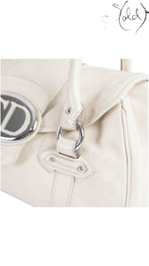 Sold Attire pre-owned Dior Saint Germaine flap bag in cream leather with silver-tone CD hardware and shoulder straps.
