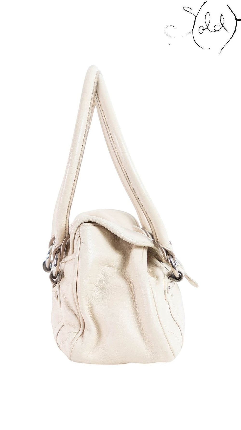 Sold Attire pre-owned Dior Saint Germaine cream leather shoulder bag, side profile view with silver-tone hardware.