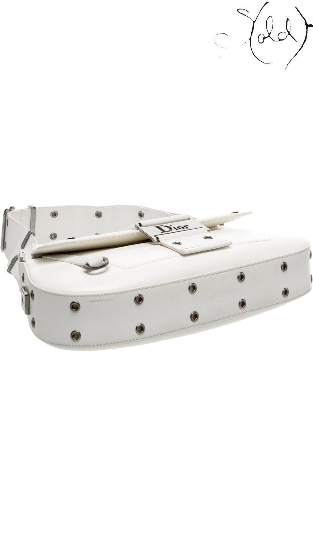 Sold Attire vintage Dior Street Chic shoulder bag in white leather with silver-tone hardware and eyelet detailing.