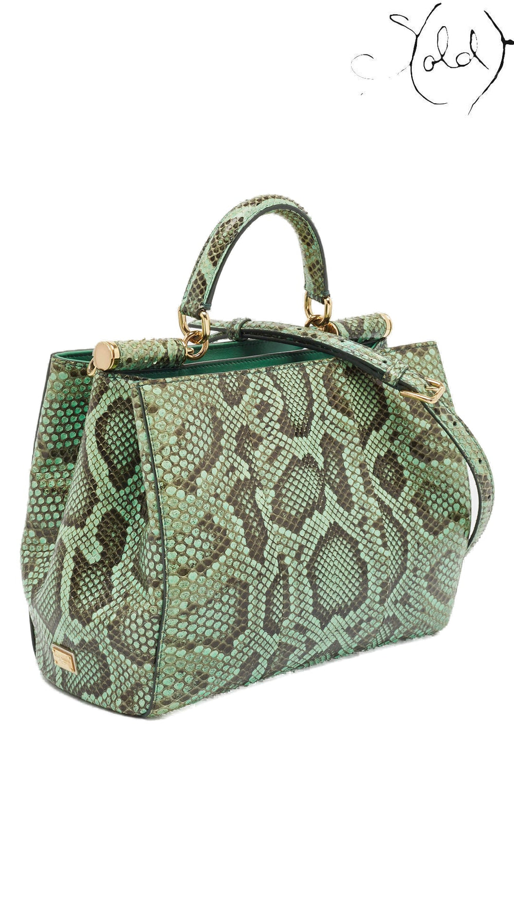 Dolce & Gabbana green python Miss Sicily tote angled side view on pure white