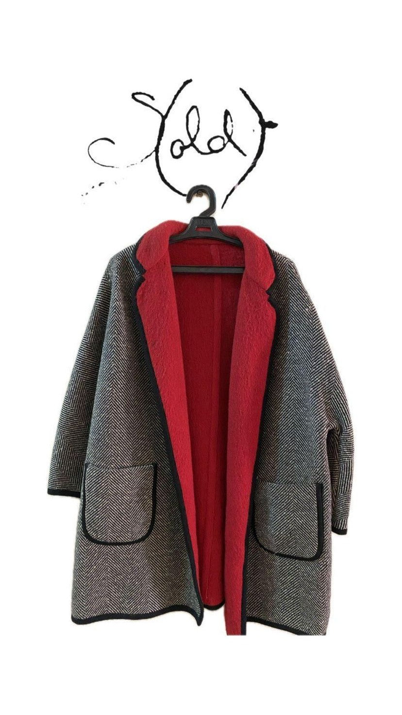 Herringbone Wool Coat – Gray & Red Vintage Style coats, Jacket, Rare Gems