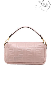 Sold Attire pink embossed calfskin Fendi Mamma Baguette with FF jacquard motif and silver-tone hardware.