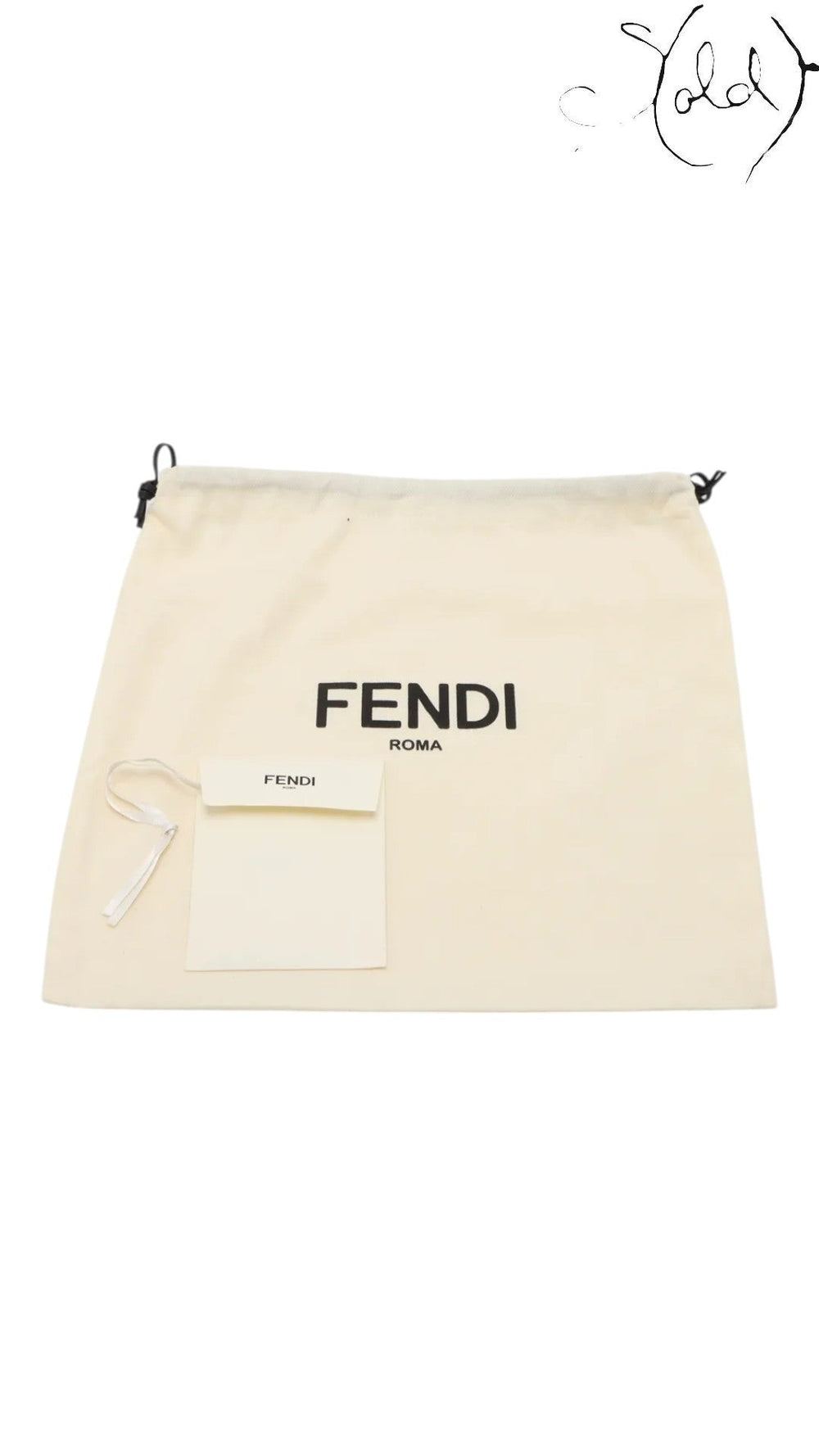 Sold Attire cream canvas dust bag with black Fendi Roma logo and small Fendi pouch.