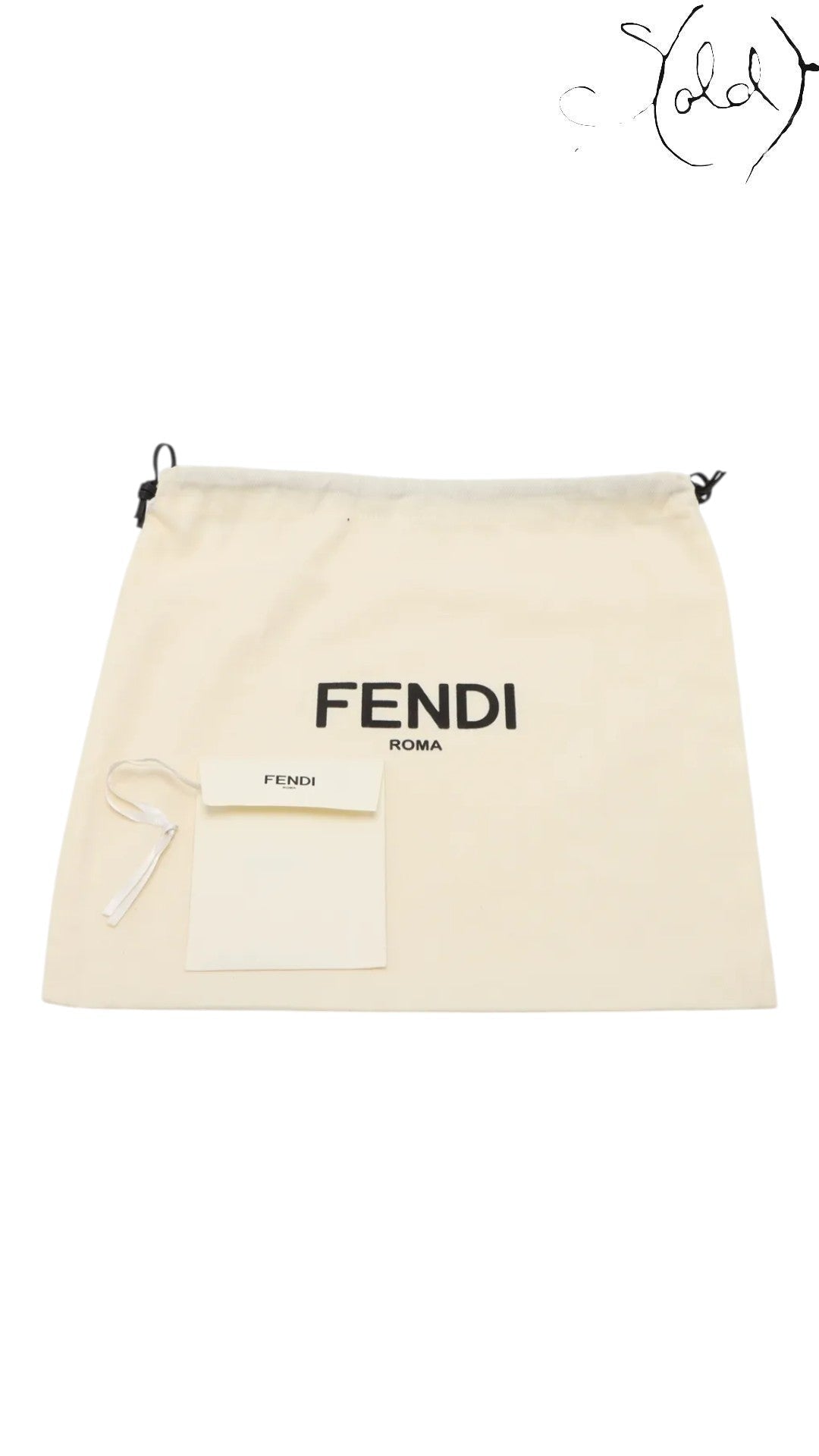 Sold Attire cream canvas dust bag with black Fendi Roma logo and small Fendi pouch.