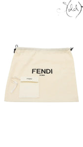 Sold Attire cream canvas dust bag with black Fendi Roma logo and small Fendi pouch.