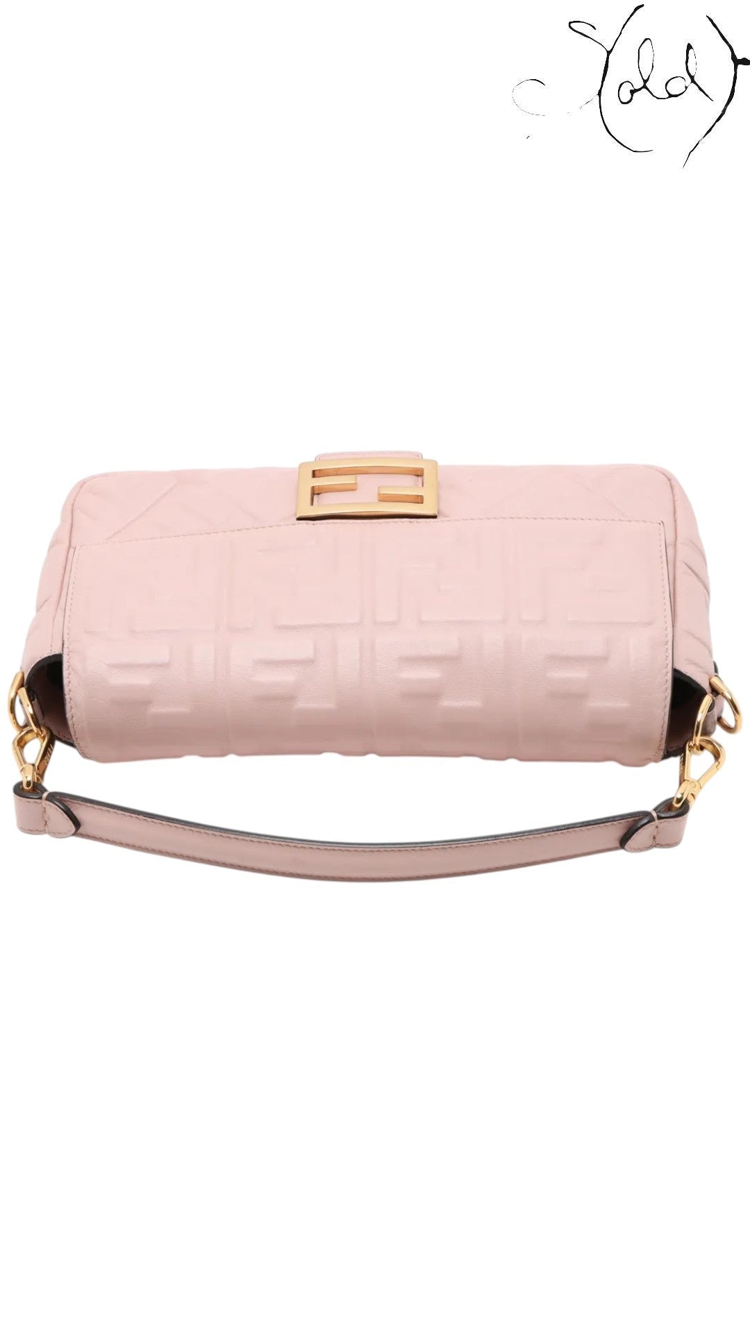 Sold Attire pink embossed calfskin Fendi Mamma Baguette with FF jacquard motif and gold-tone FF clasp.