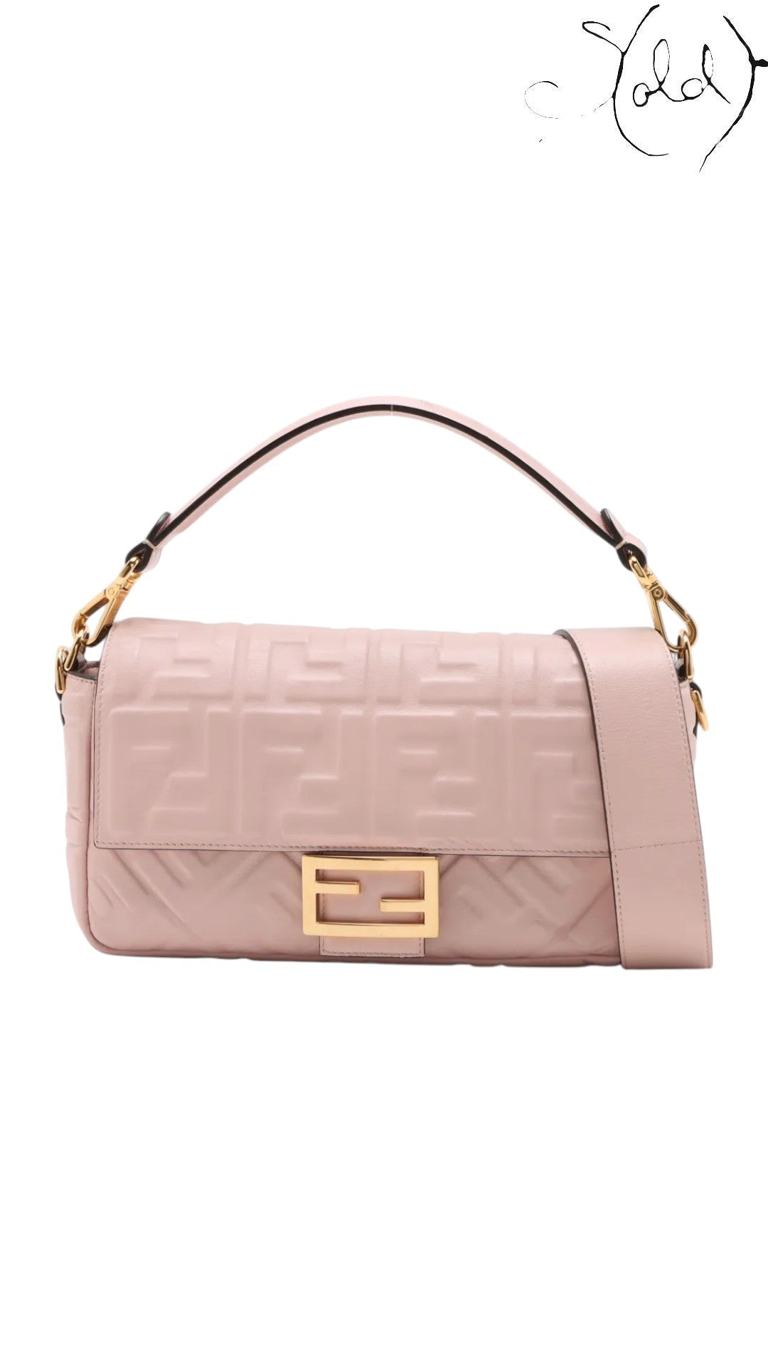 Sold Attire pink embossed calfskin Fendi Mamma Baguette with FF jacquard motif and gold-tone hardware.