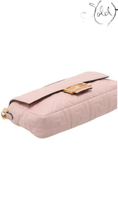 Sold Attire pink embossed calfskin Fendi Mamma Baguette with FF jacquard motif and gold-tone FF clasp.