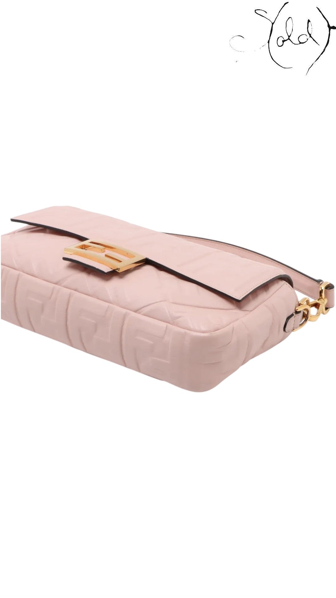 Sold Attire pink embossed calfskin Fendi Mamma Baguette with FF jacquard motif and gold-tone FF clasp.