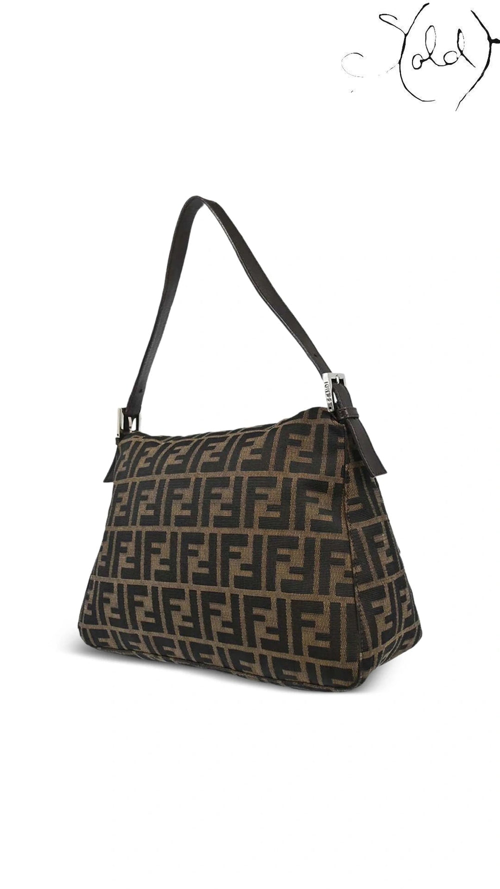 Fendi Mamma Baguette Brown Zucca Canvas Leather Shoulder Bag angled side view, authenticated pre-owned Sold Attire.