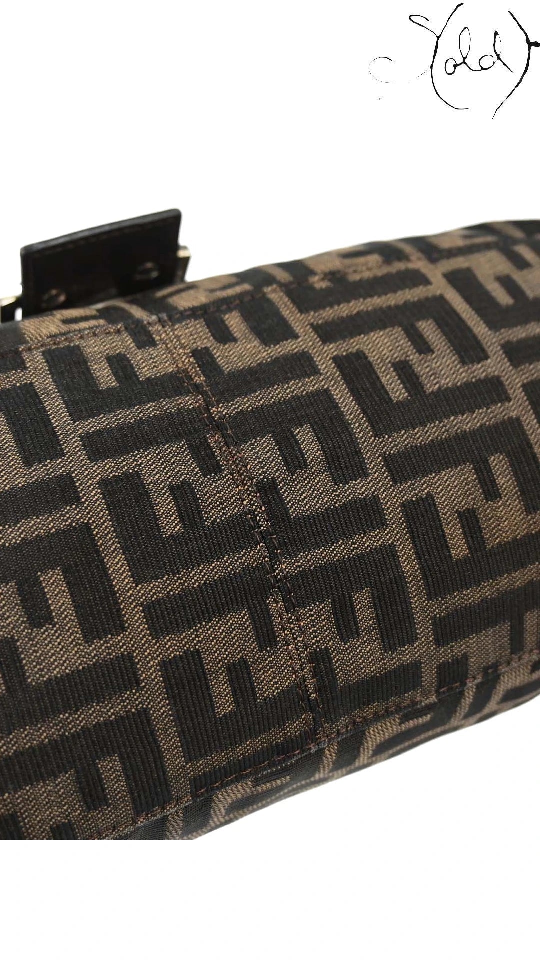 Fendi Mamma Baguette Brown Zucca canvas top seam and stitching detail, Sold Attire.