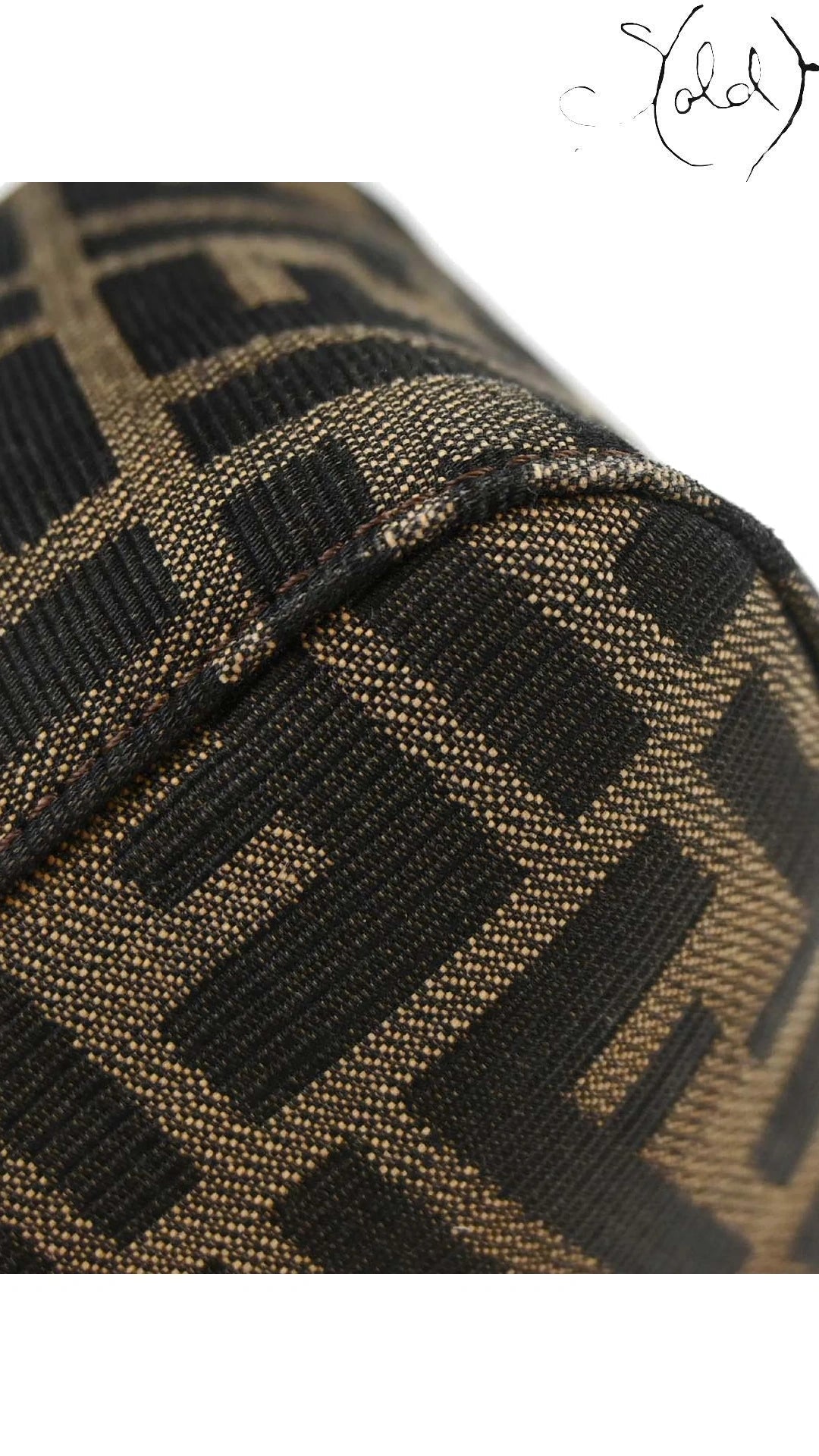 Fendi Mamma Baguette Brown Zucca canvas corner and edge detail, Sold Attire.