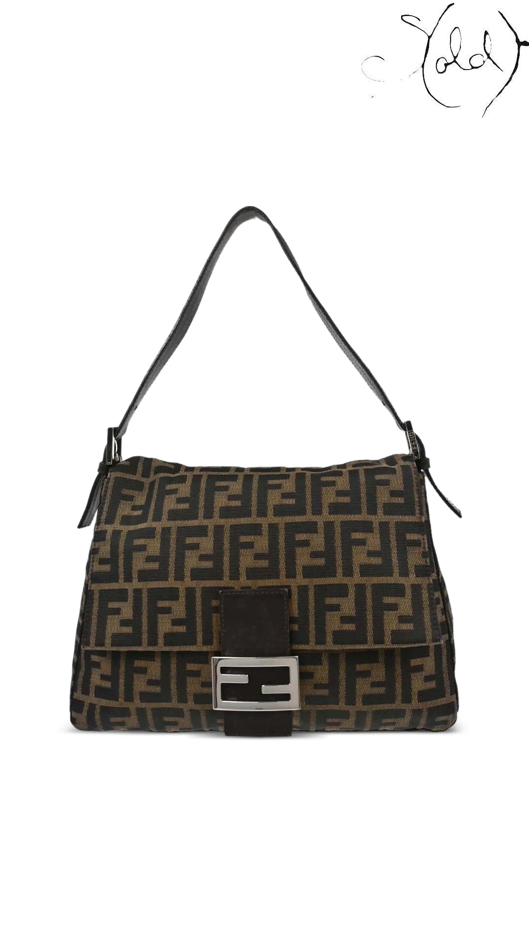 Fendi Mamma Baguette Brown Zucca Canvas Leather Shoulder Bag front view, authenticated pre-owned Sold Attire.