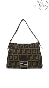 Fendi Mamma Baguette Brown Zucca Canvas Leather Shoulder Bag front view, authenticated pre-owned Sold Attire.