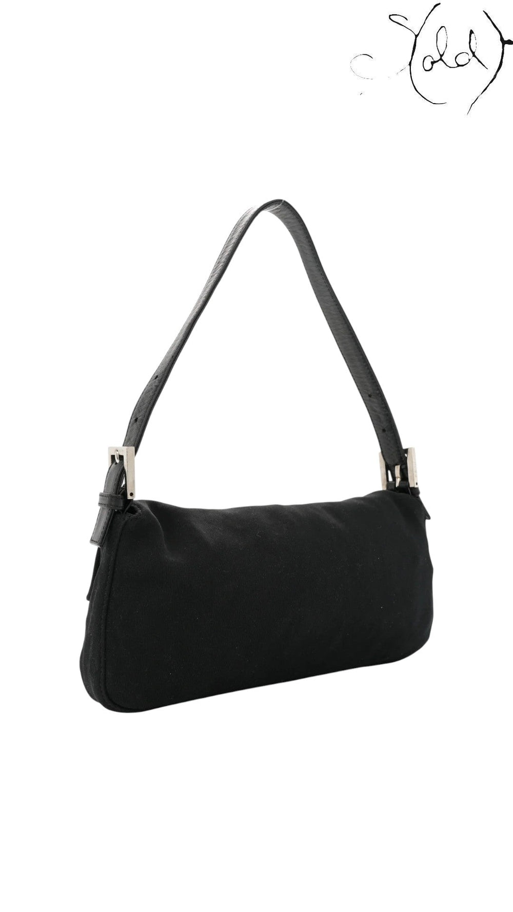 Sold Attire black jersey Fendi Mamma Baguette shoulder bag with leather trim and gold-tone FF logo hardware.