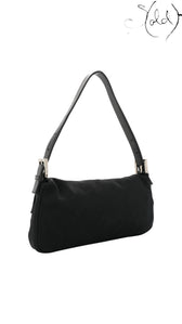 Sold Attire black jersey Fendi Mamma Baguette shoulder bag with leather trim and gold-tone FF logo hardware.