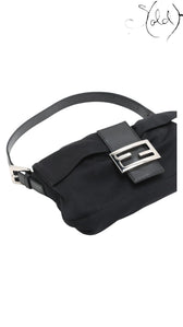 Sold Attire black jersey Fendi Mamma Baguette shoulder bag with leather trim and silver FF logo clasp.