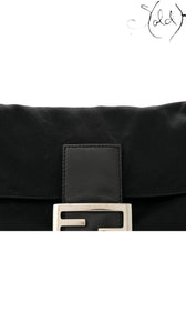 Sold Attire black jersey Fendi Mamma Baguette shoulder bag with leather trim and gold FF logo clasp.