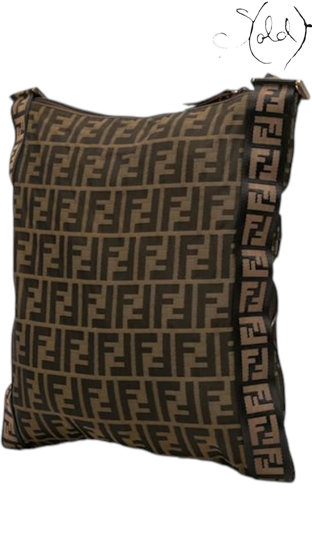 Sold Attire vintage Fendi Zucca FF flat messenger bag in tobacco canvas with brown calf leather trim and gold hardware.