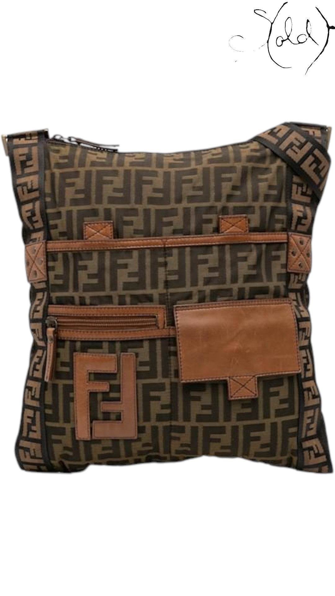 Sold Attire vintage Fendi Zucca messenger bag in tobacco canvas with brown calf leather trim and gold-tone hardware.