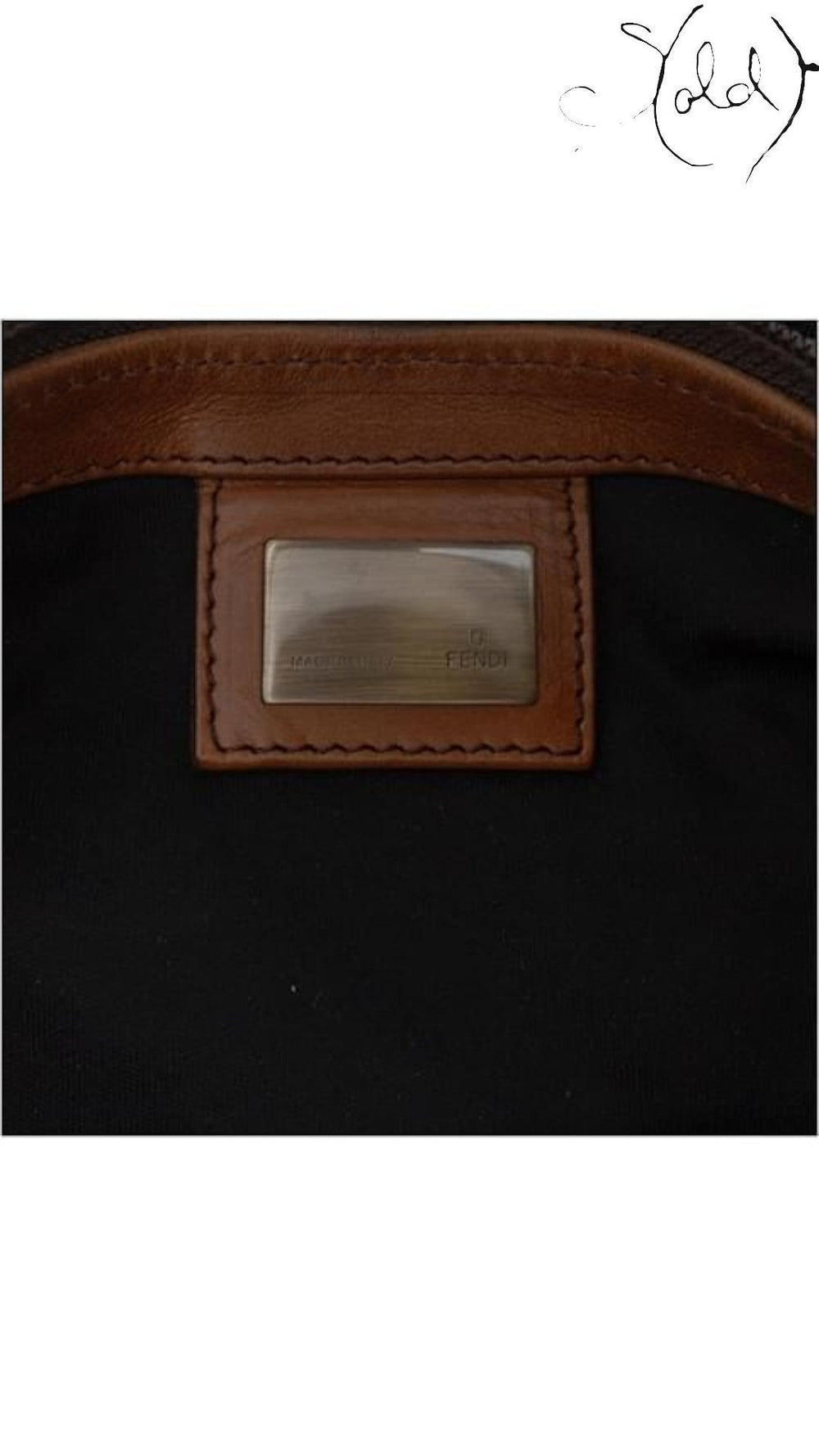 Sold Attire Fendi Zucca messenger bag interior metal logo plate with brown leather trim and black canvas lining
