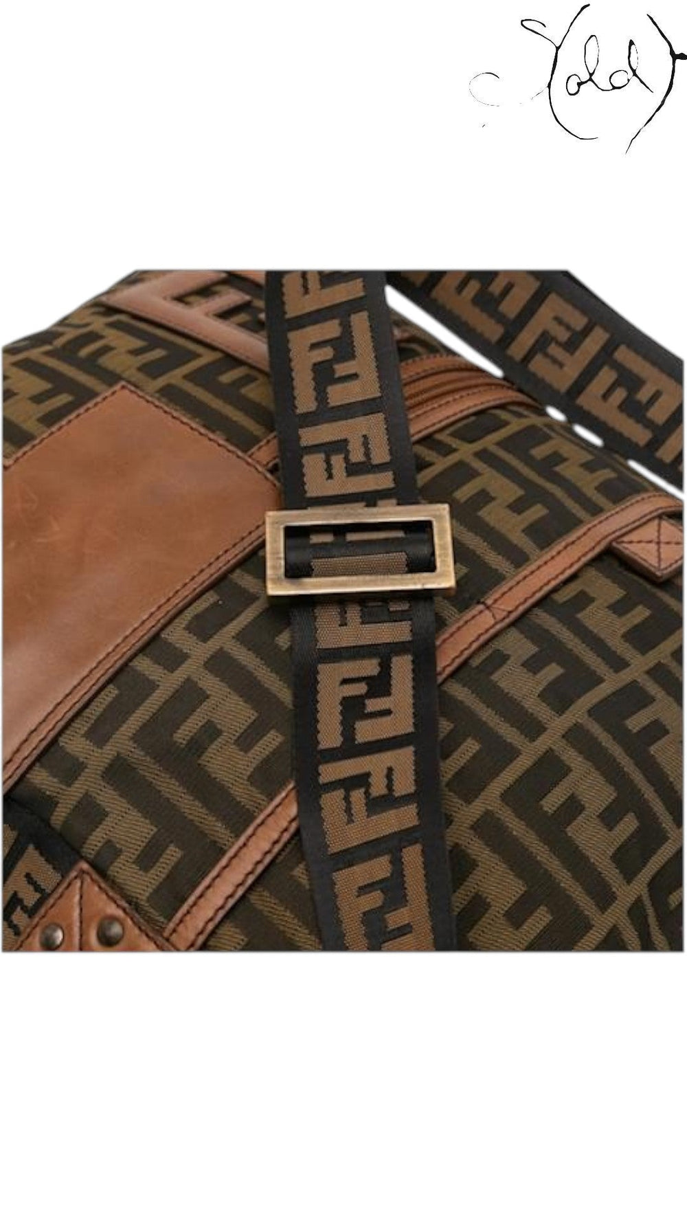 Sold Attire Fendi Zucca messenger bag featuring tobacco canvas with FF monogram, brown leather trim, and logo strap.
