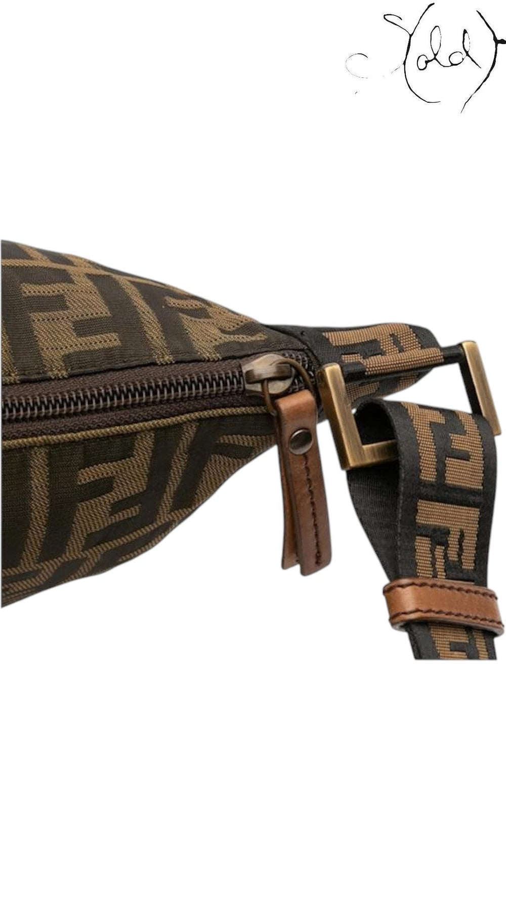 Sold Attire Fendi Zucca messenger bag featuring tobacco canvas with FF logo, brown leather trim, and gold-tone hardware.
