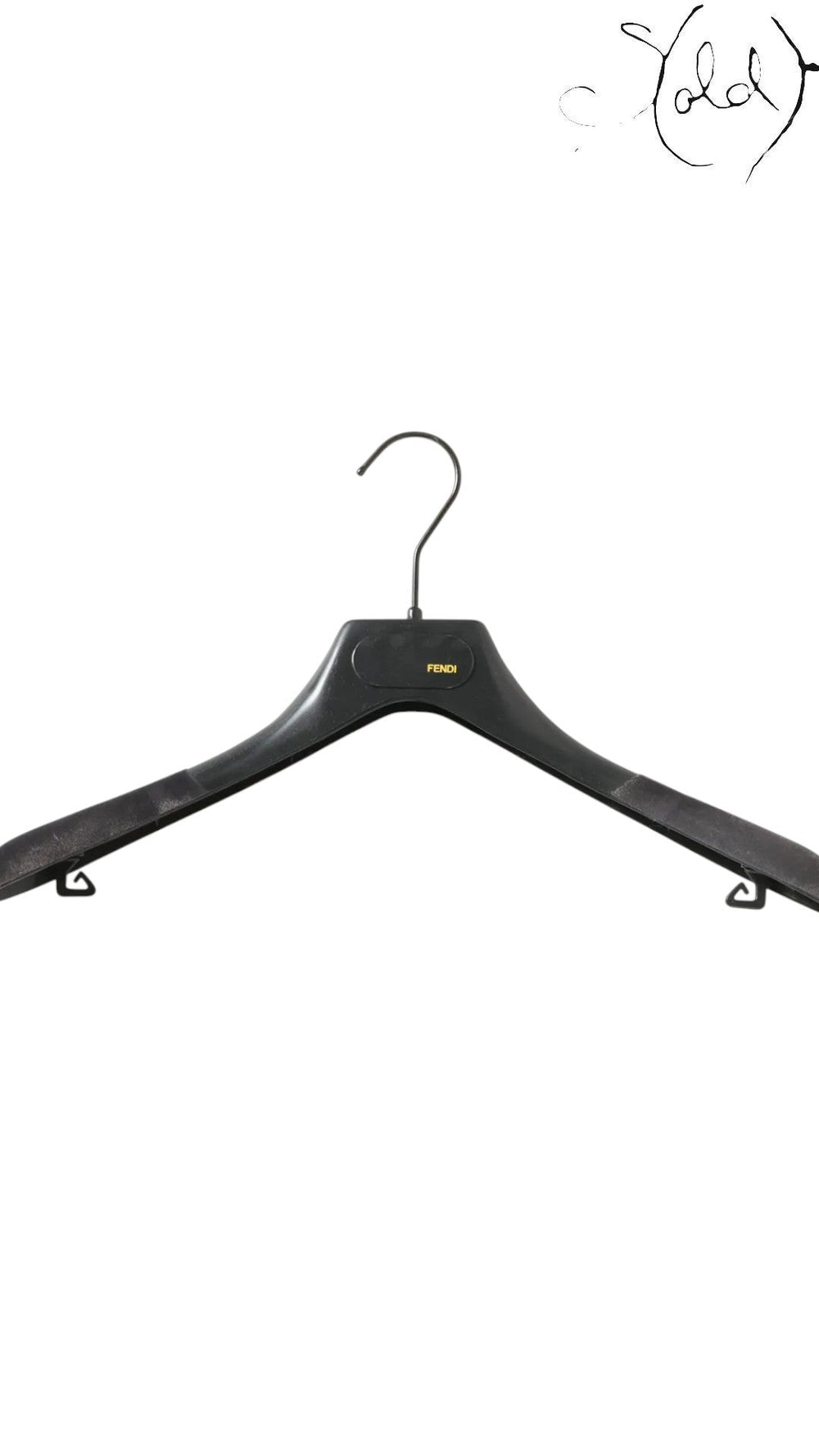 Sold Attire Fendi black plastic hanger with gold Fendi logo, for sleeveless wool dress