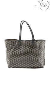 Sold Attire pre-owned Goyard Saint Louis PM tote in black Goyardine coated canvas with black leather trim.