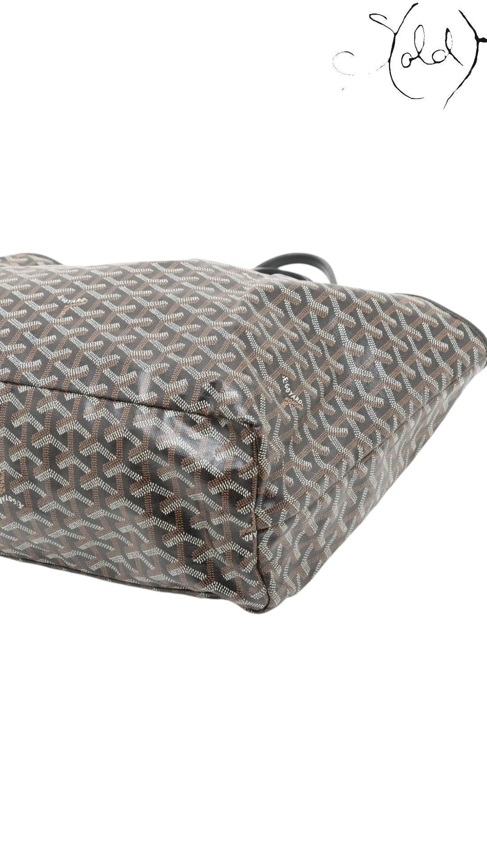 Sold Attire Goyard Saint Louis PM tote in black Goyardine coated canvas showing the base and side profile