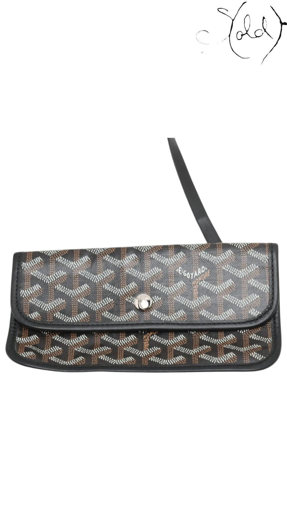 Sold Attire black Goyardine coated canvas removable pouch with silver-tone snap hardware and black leather trim.