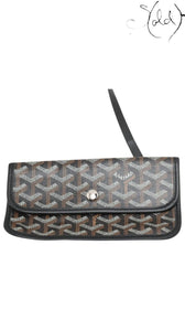 Sold Attire black Goyardine coated canvas removable pouch with silver-tone snap hardware and black leather trim.