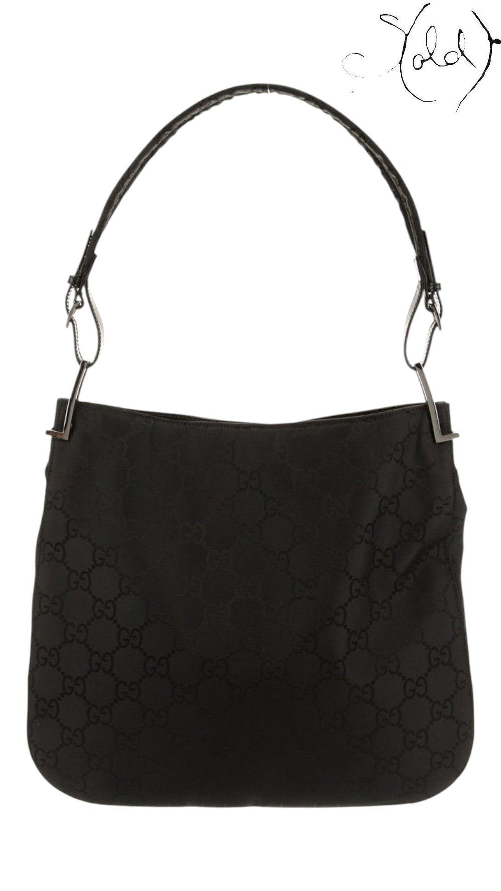 Sold Attire pre-owned Gucci black iridescent GG monogram canvas hobo baguette bag with silver-tone hardware.