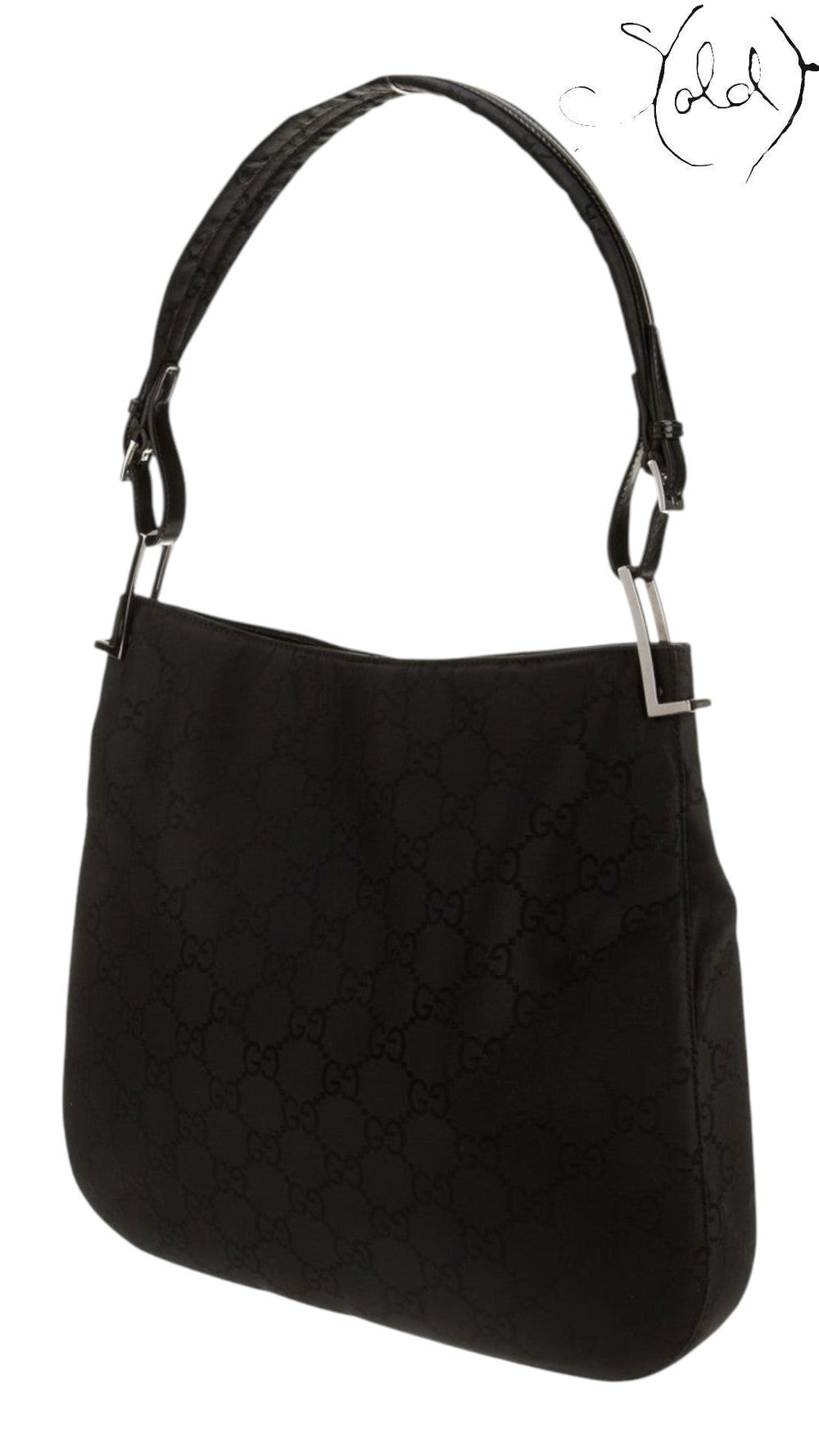 Sold Attire pre-owned Gucci black iridescent GG monogram canvas hobo baguette bag with silver-tone hardware.