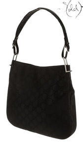 Sold Attire pre-owned Gucci black iridescent GG monogram canvas hobo baguette bag with silver-tone hardware.