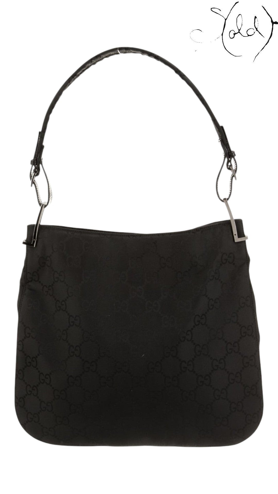 Sold Attire pre-owned Gucci black iridescent GG monogram canvas hobo baguette with silver-tone hardware and shoulder strap