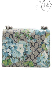 Sold Attire Gucci Dionysus GG Blooms beige and blue floral chain shoulder bag with aged silver hardware.