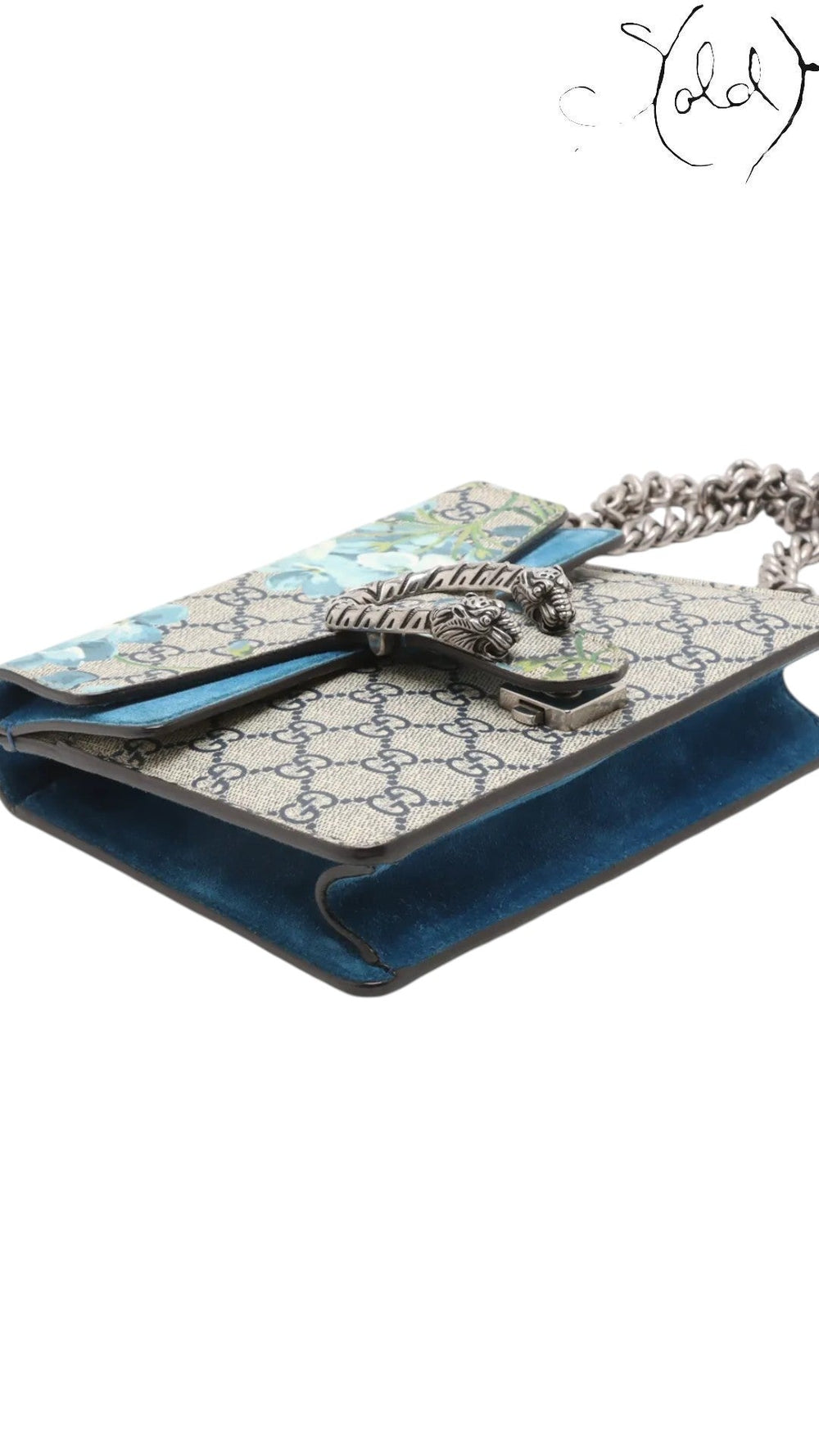 Sold Attire Gucci Dionysus GG Blooms beige and blue floral chain shoulder bag with tiger head clasp.