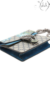 Sold Attire Gucci Dionysus GG Blooms beige and blue floral chain shoulder bag with tiger head clasp.
