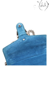 Sold Attire Gucci Dionysus GG Blooms beige blue floral chain shoulder bag interior, showing blue suede lining and aged silver hardware.