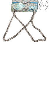 Sold Attire Gucci Dionysus GG Blooms beige and blue floral chain shoulder bag with aged silver hardware.