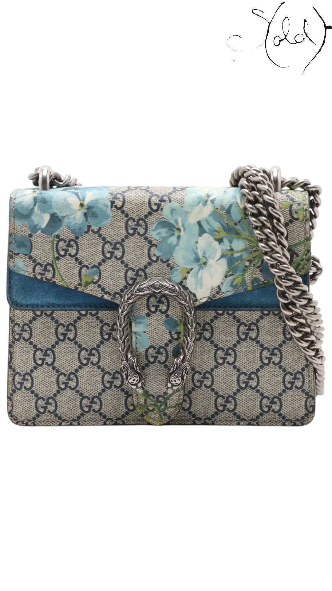 Sold Attire Gucci Dionysus GG Blooms beige and blue floral chain shoulder bag with tiger-head clasp and aged silver hardware.
