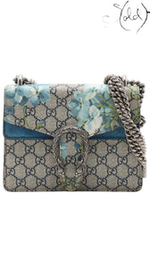 Sold Attire Gucci Dionysus GG Blooms beige and blue floral chain shoulder bag with tiger-head clasp and aged silver hardware.