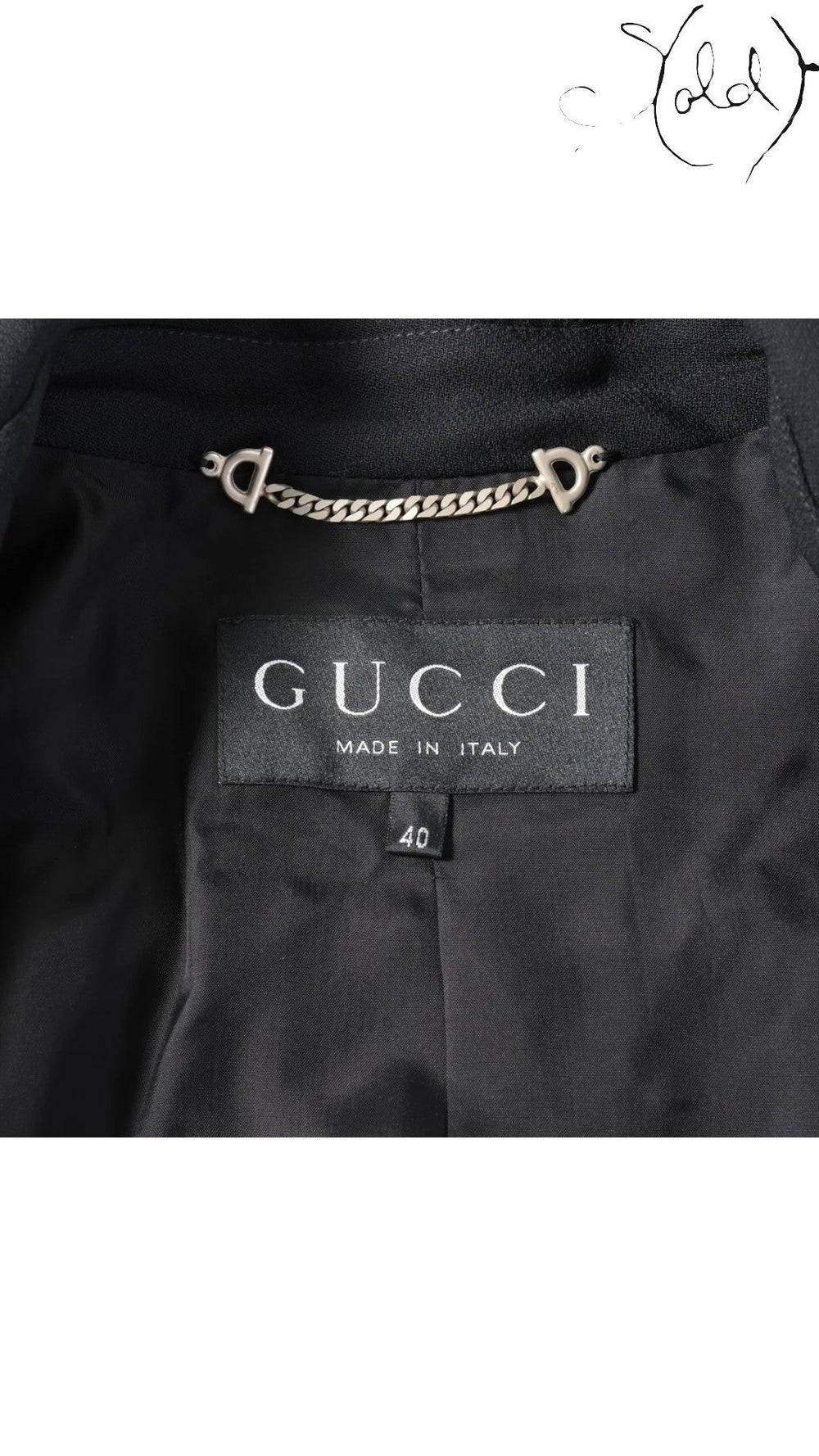 Sold Attire Gucci Tom Ford era black wool blazer, size 40, with a silver chain detail on the interior.