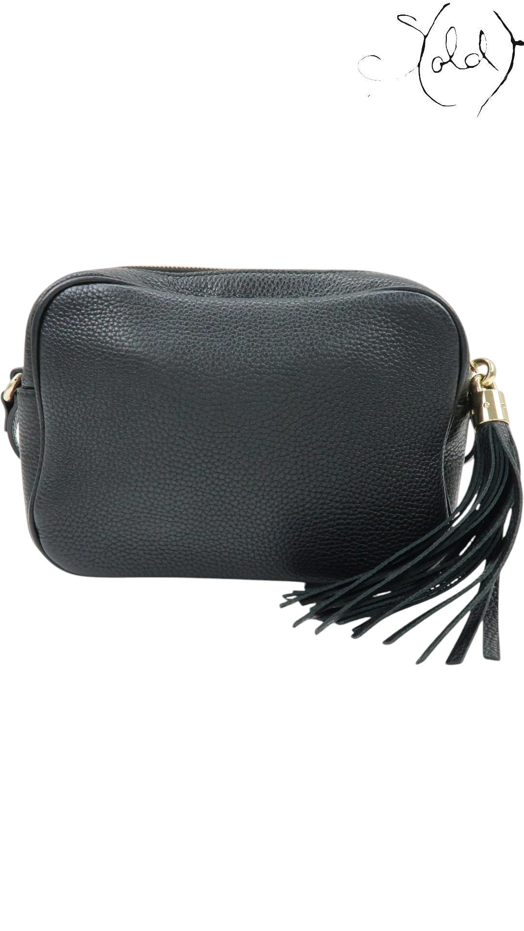 Sold Attire black pebbled calfskin Gucci Soho Disco crossbody bag with tassel and gold hardware.